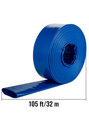 blue VEVOR discharge hose, 105 ft/32m length, neatly rolled with open end.