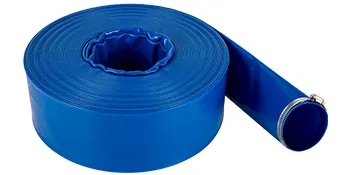 blue VEVOR discharge hose rolled up with metal clamp on one end