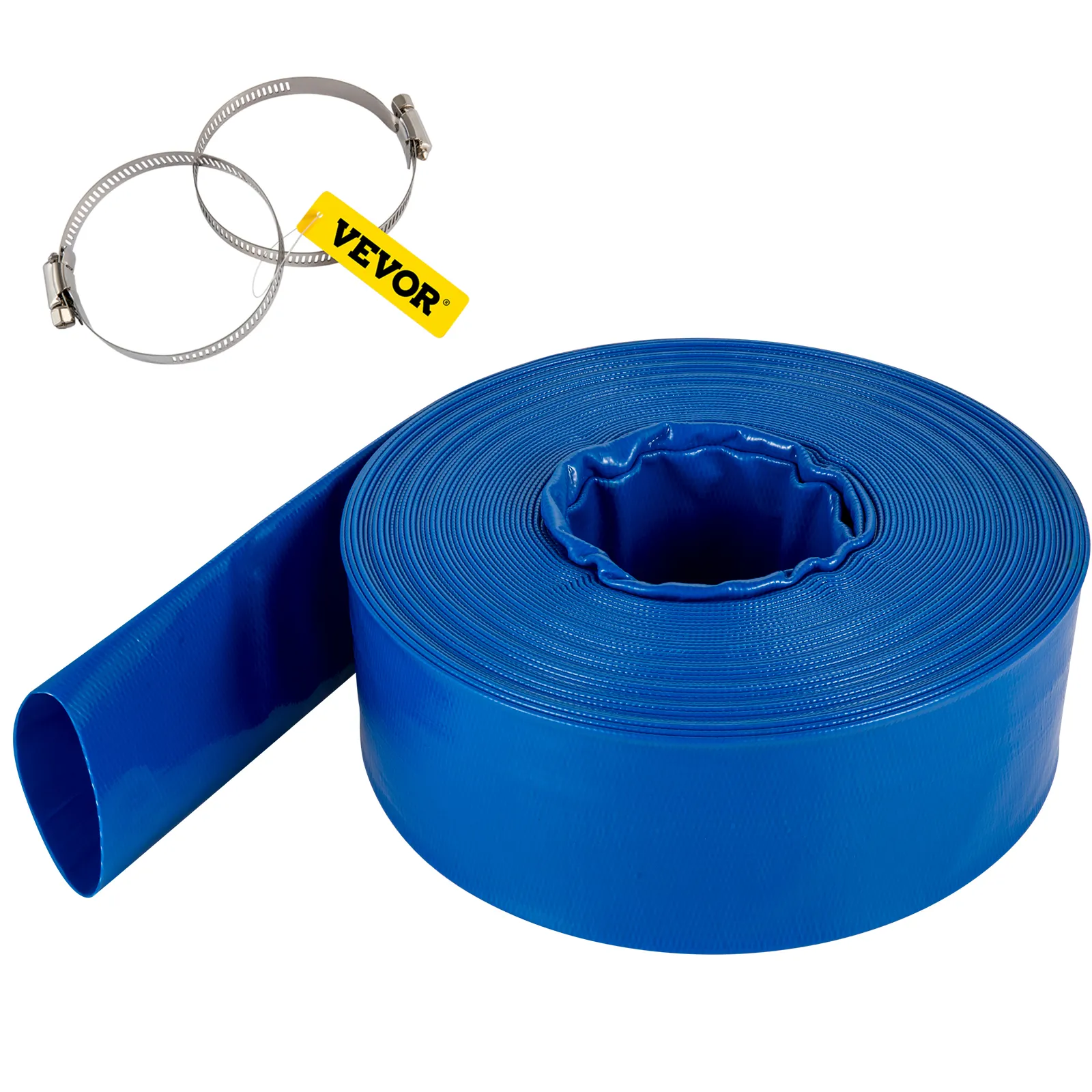 blue VEVOR discharge hose with hose clamps for water transfer and irrigation.