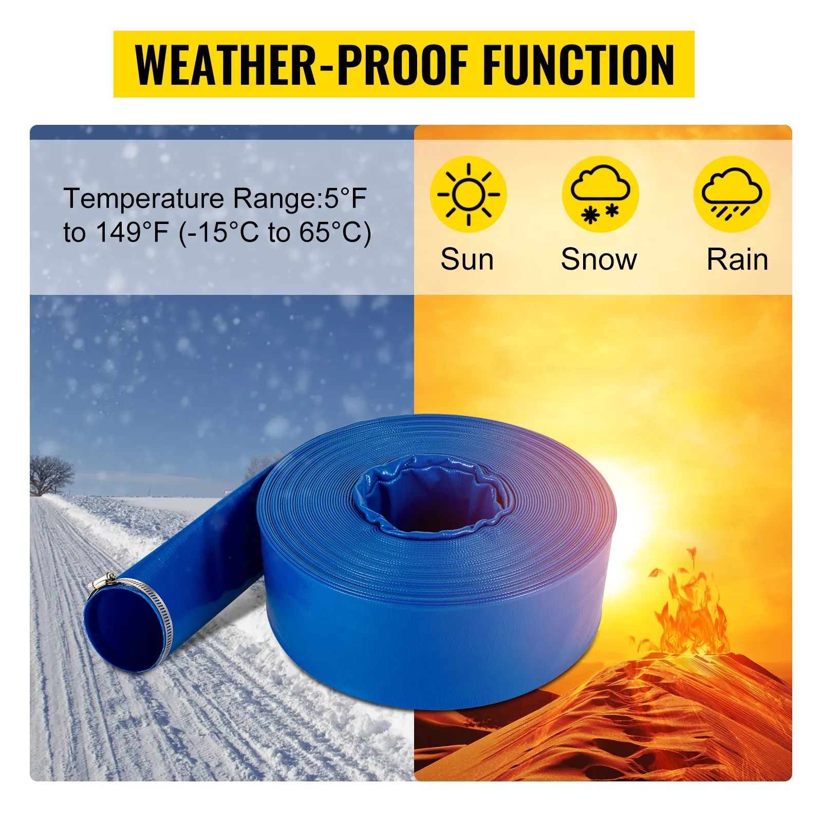 VEVOR discharge hose works in temperature range 5°f to 149°f, weather-proof for sun, snow, rain.