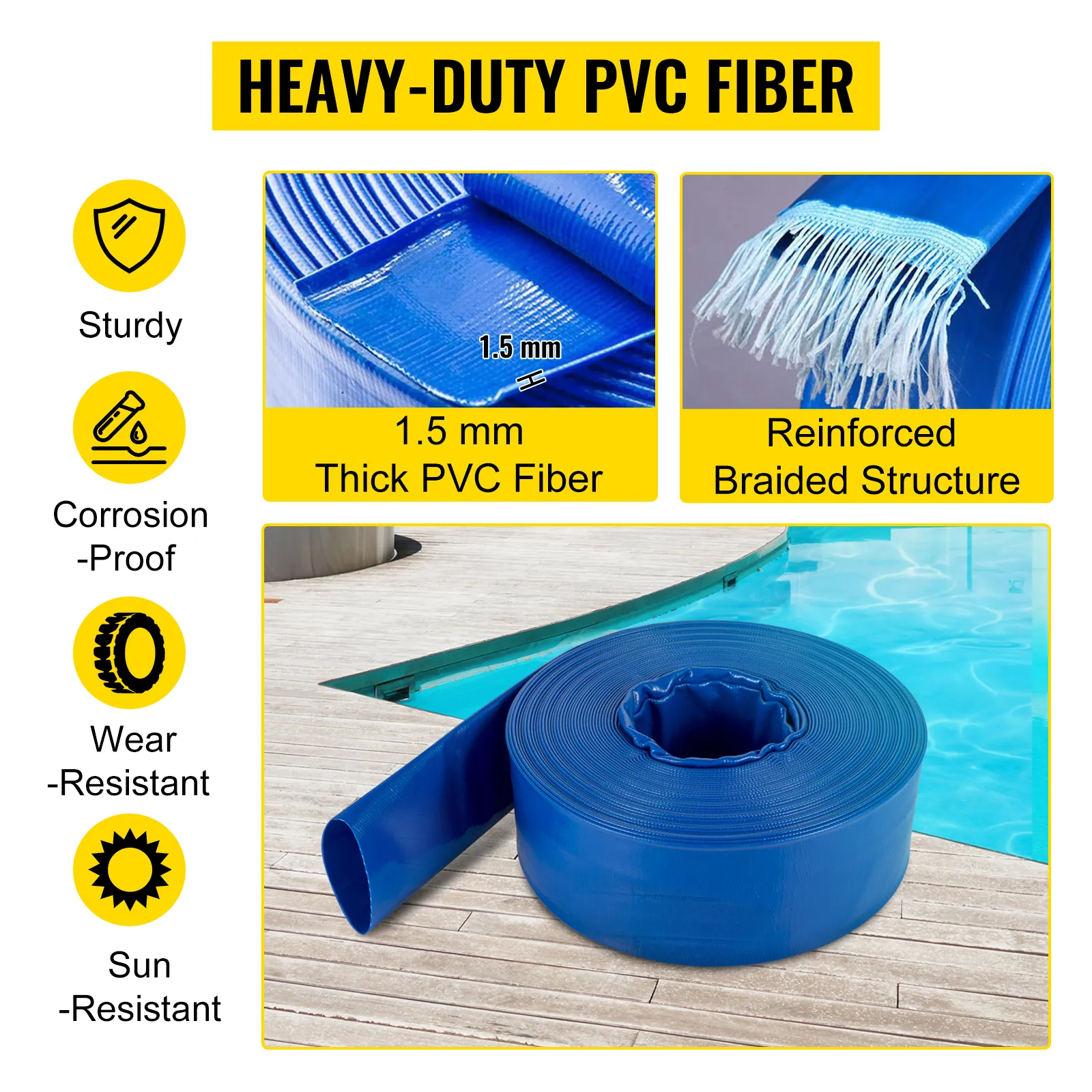 Manguera de descarga VEVOR con fibra de pvc de 1,5mm de espesor y estructura trenzada reforzada.