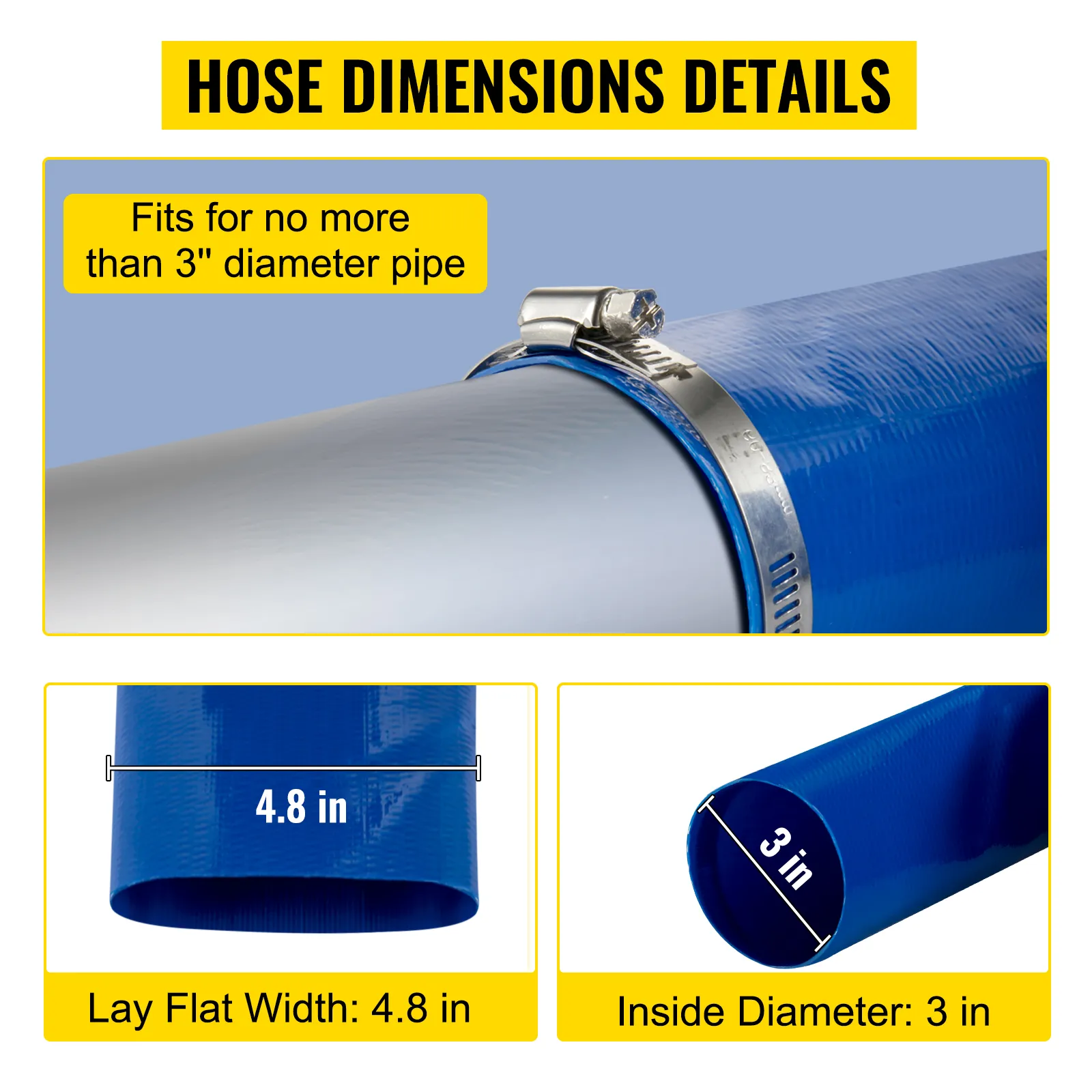 Detalles de la manguera de descarga VEVOR: ancho plano de 4,8", diámetro interior de 3", se adapta a tuberías de 3".