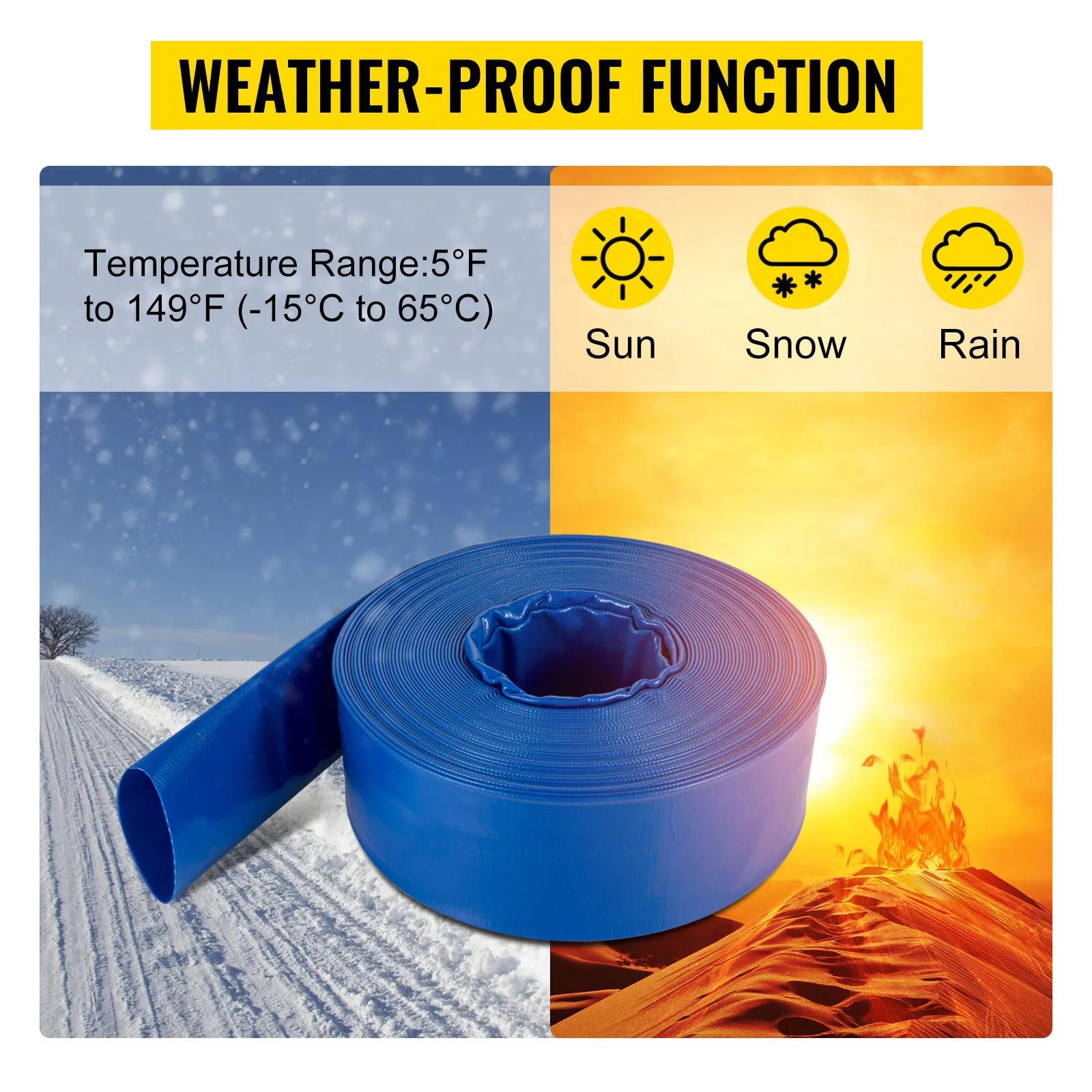 Manguera de descarga VEVOR con función resistente a la intemperie para sol, nieve y lluvia.