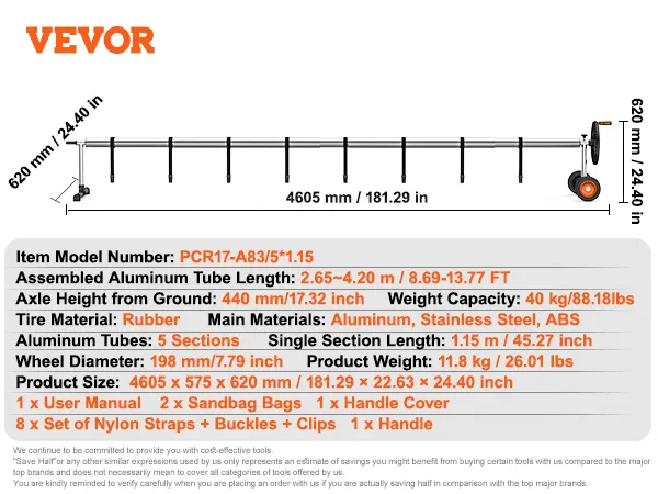 Bęben na pokrywę basenową VEVOR z aluminiowymi rurkami, gumowymi oponami i nylonowymi paskami, wymiary i szczegóły wymienione.