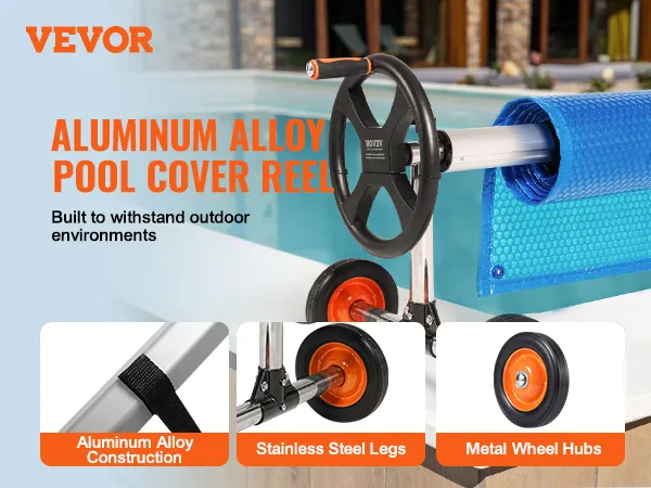 Zwijacz do pokrywy basenowej VEVOR z konstrukcją ze stopu aluminium, nogami ze stali nierdzewnej i metalowymi piastami kół.