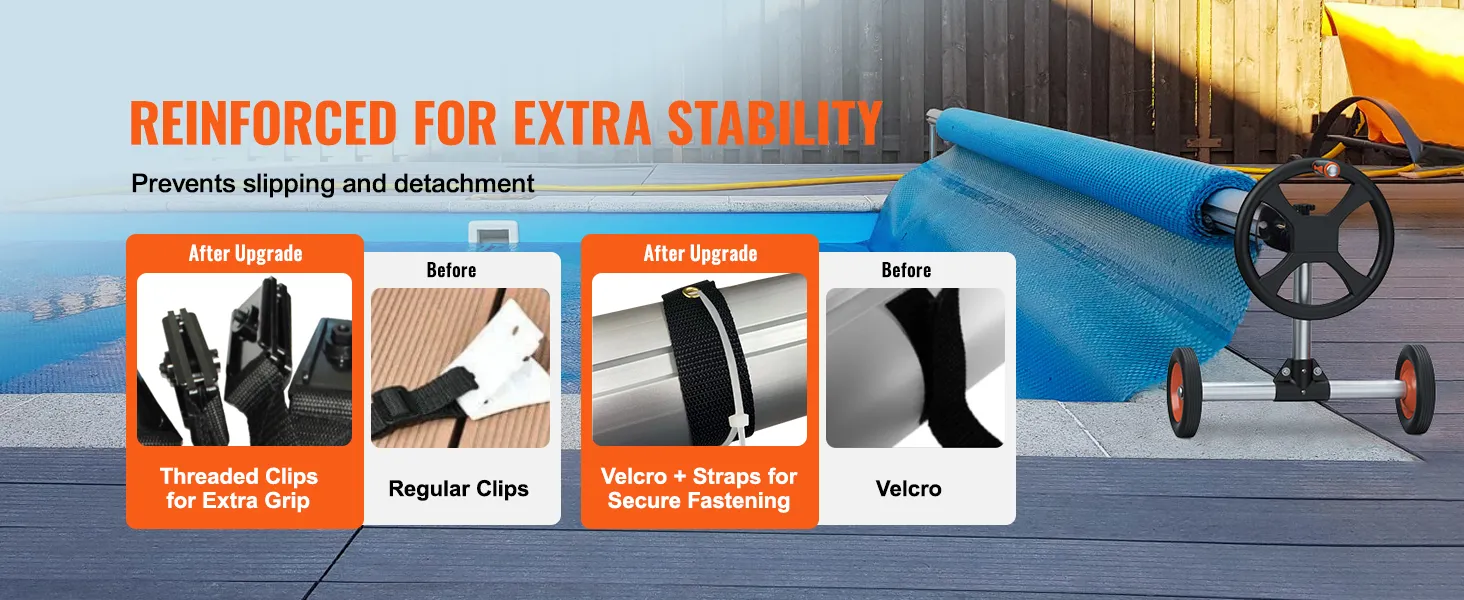Bęben do nawijania pokrywy basenowej VEVOR z ulepszonymi gwintowanymi klipsami i paskami na rzepy zapewniającymi dodatkową stabilność i bezpieczne mocowanie.