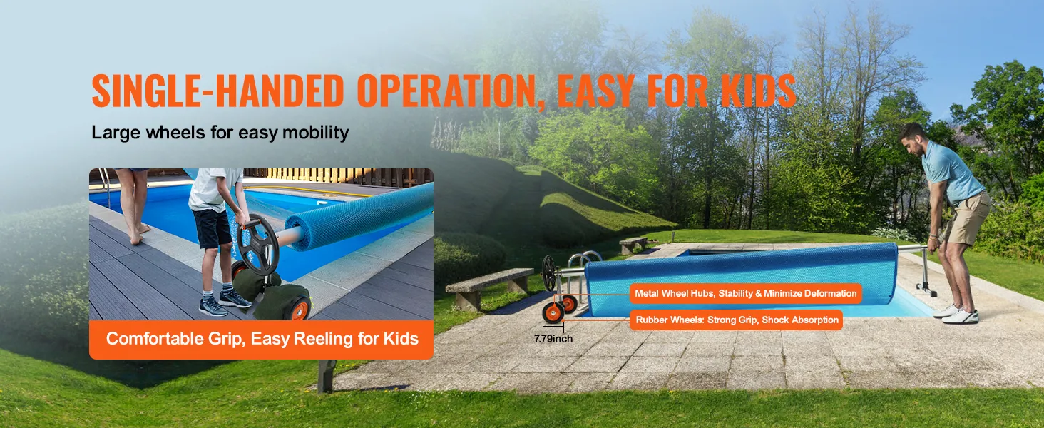 obsługa jedną ręką bębna do nawijania pokrywy basenowej VEVOR z dużymi kołami, wygodnym uchwytem i łatwością nawijania dla dzieci.