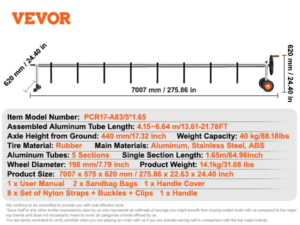 Enrollador de cubierta de piscina VEVOR con 5 secciones de tubo de aluminio, capacidad de 40 kg y diámetro de rueda de 198 mm.