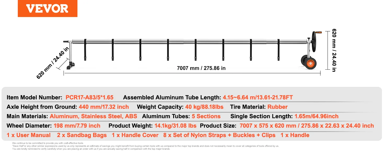 Enrollador de cubierta de piscina VEVOR con 5 secciones de tubo de aluminio, capacidad de 40 kg y diámetro de rueda de 198 mm.