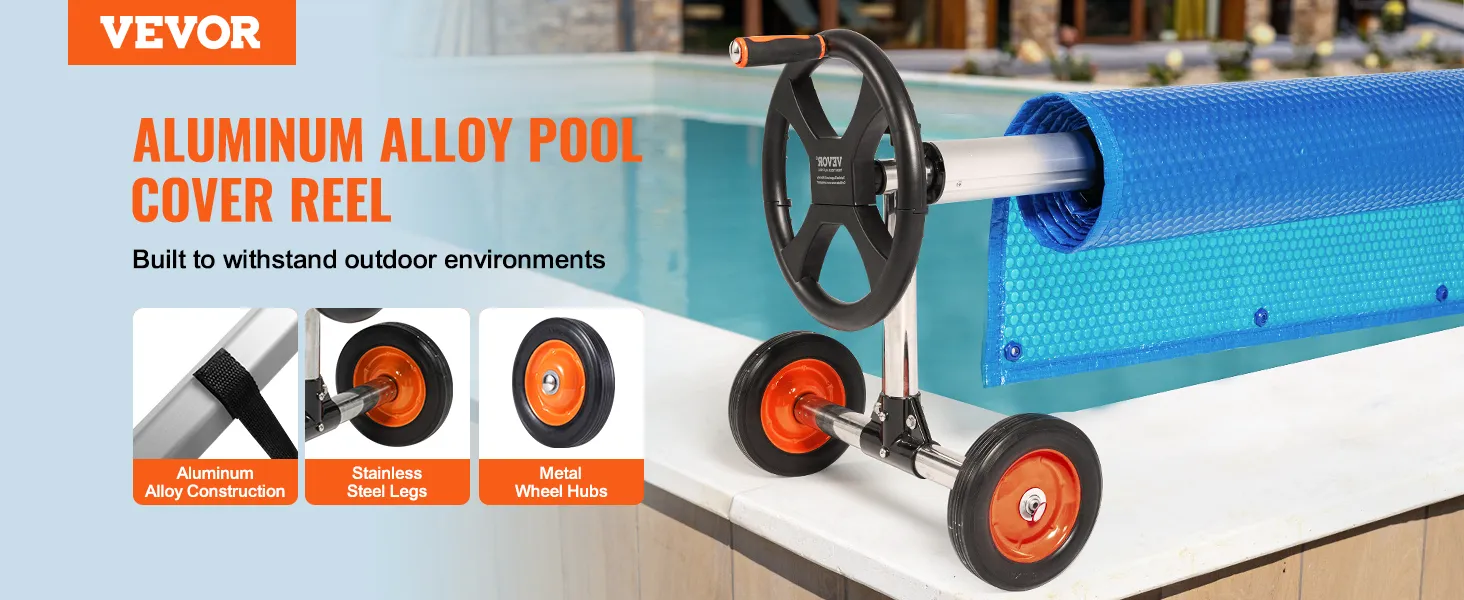 Carrete de cubierta de piscina VEVOR con construcción de aleación de aluminio, patas de acero inoxidable y cubos de rueda de metal.