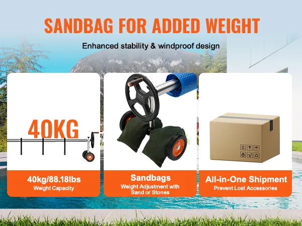 Carrete de cubierta de piscina VEVOR con capacidad de peso de 40 kg, sacos de arena para estabilidad y envío todo en uno.