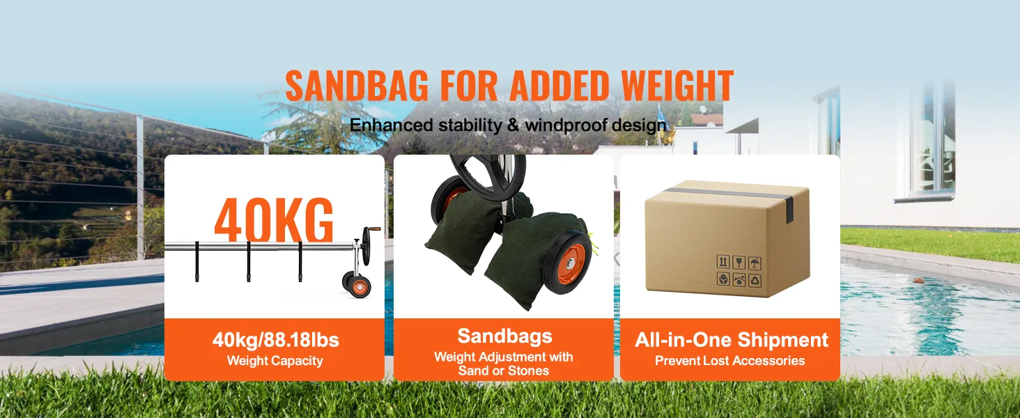 Carrete de cubierta de piscina VEVOR con capacidad de peso de 40 kg, sacos de arena para estabilidad y envío todo en uno.