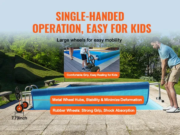 Carrete de cubierta de piscina VEVOR para una sola mano con ruedas grandes para una fácil movilidad y un agarre cómodo para los niños.