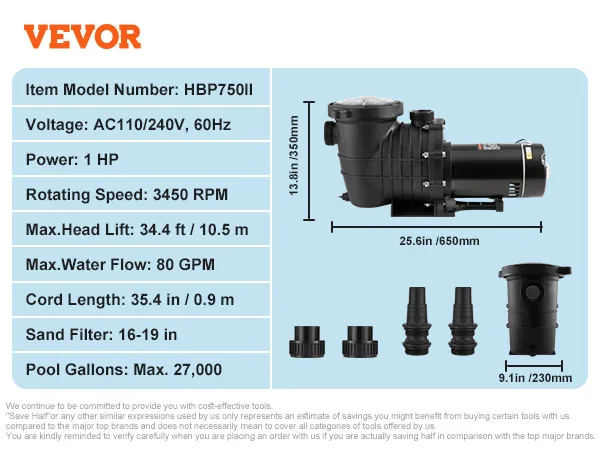 Bomba para piscina sobre el suelo VEVOR, 1 hp, 3450 rpm, caudal máximo 80 gpm, 27 000 galones, incluye conectores.