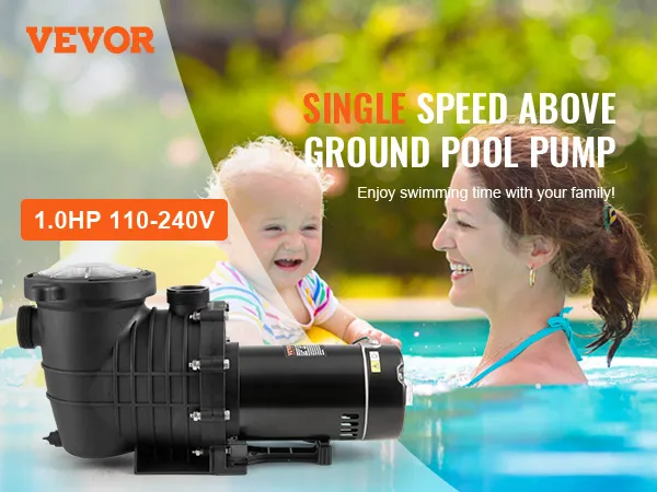 Bomba para piscina elevada VEVOR de 1,0 CV, 110-240 V, junto a una familia juguetona en una piscina, disfrutando del verano.