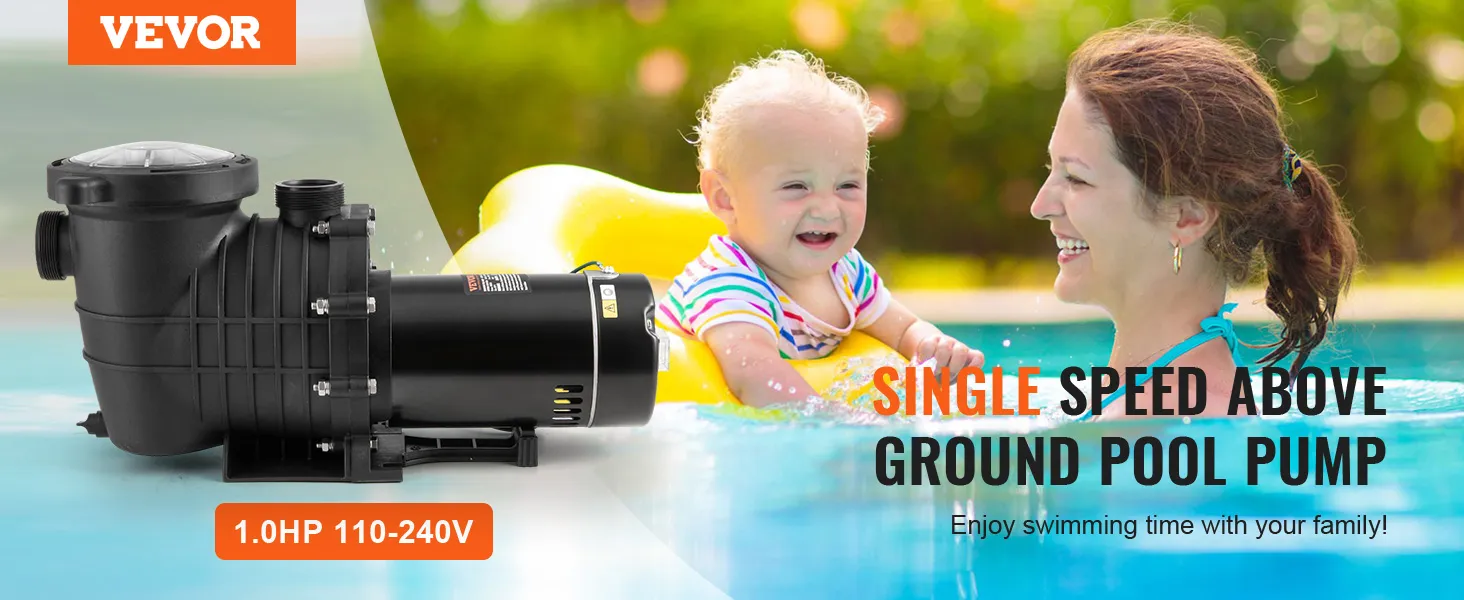 Bomba para piscina elevada VEVOR de 1,0 CV, 110-240 V, junto a una familia juguetona en una piscina, disfrutando del verano.