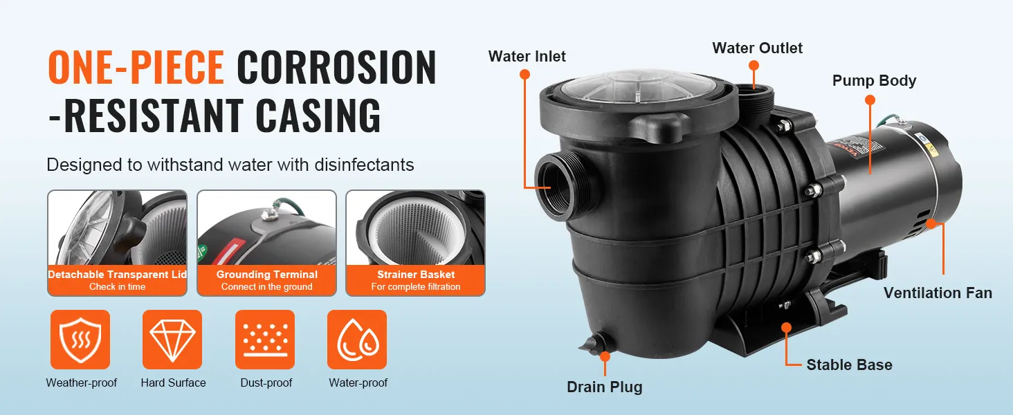 Bomba para piscina elevada VEVOR con carcasa resistente a la corrosión, entrada/salida de agua, ventilador y base estable.