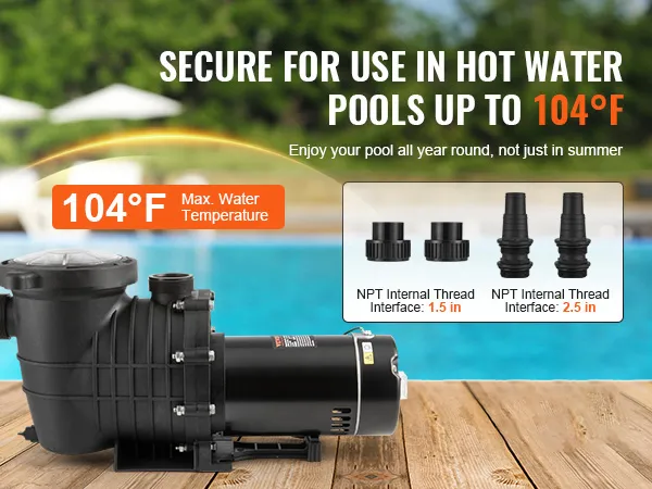 Bomba para piscinas elevadas VEVOR, segura para piscinas de agua caliente de hasta 104 °F, con interfaces de rosca interna npt.
