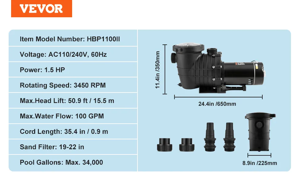 Bomba de piscina VEVOR de 1,5 hp, 3450 rpm, caudal máximo de agua de 100 gpm, dimensiones de 24,4 x 11,4 pulgadas, 34 000 galones.