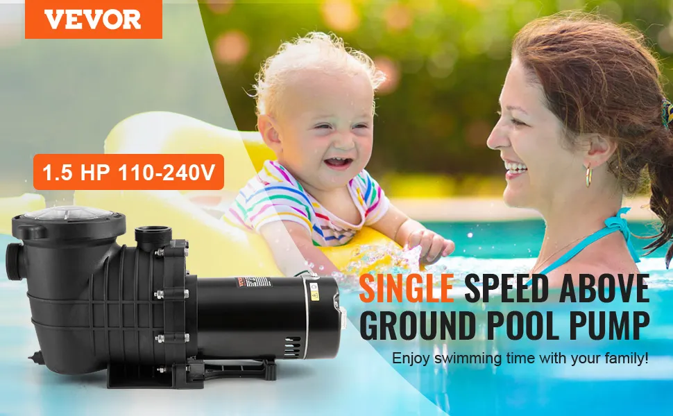Bomba de piscina VEVOR 1,5 hp 110-240v con una sola velocidad para piscinas elevadas, caracterizadas por la natación familiar.