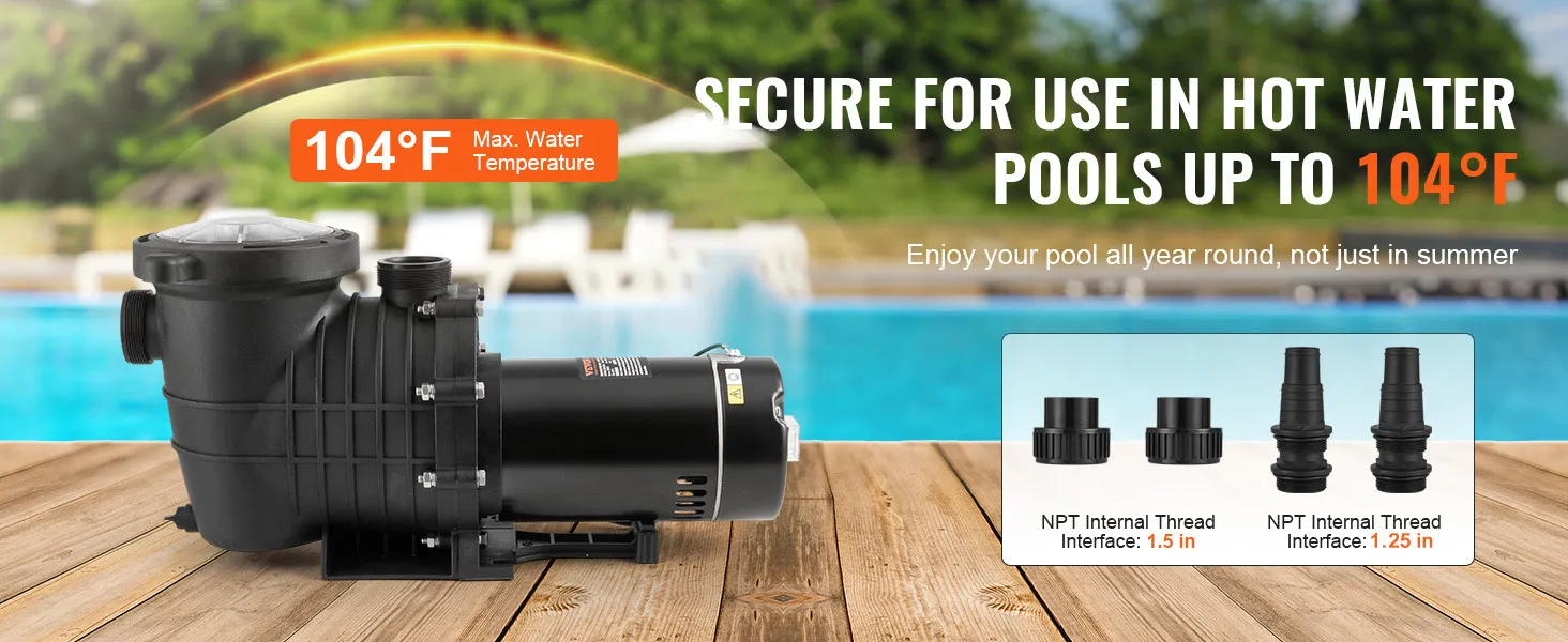Bomba de piscina VEVOR junto a una piscina, adecuada para agua caliente hasta 104 °F, con opciones de interfaz mostradas.