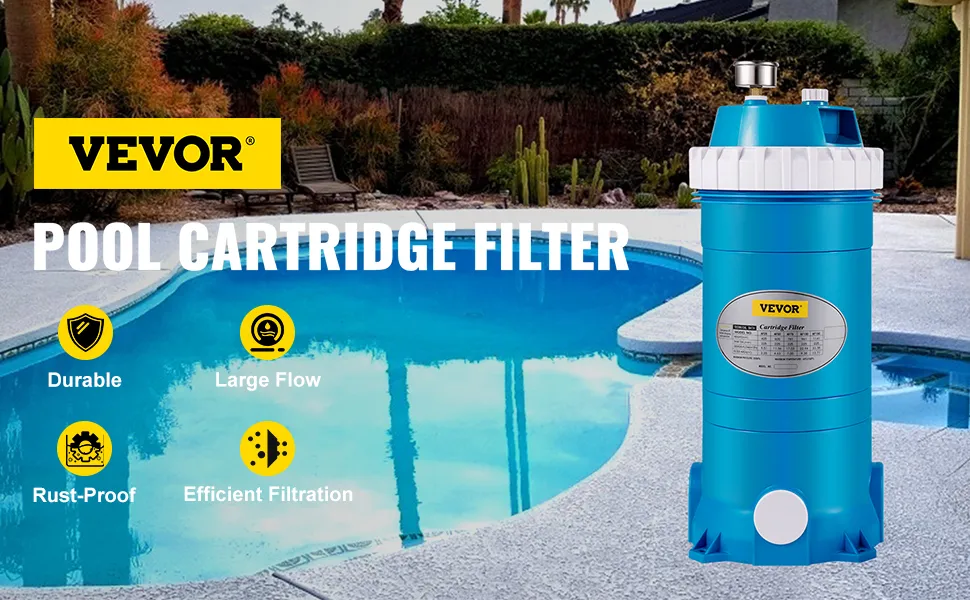 filtro a cartuccia blu per piscina VEVOR accanto a una piscina pulita, che evidenzia la durevolezza e l'efficienza della filtrazione.