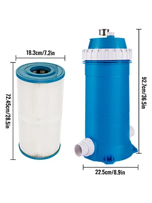 Dimensioni del filtro a cartuccia per piscina VEVOR: altezza 97,2 cm, larghezza 22,5 cm, profondità 18,3 cm.