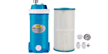 Sistema di filtraggio a cartuccia per piscina VEVOR blu con accessori e filtro di grandi dimensioni.