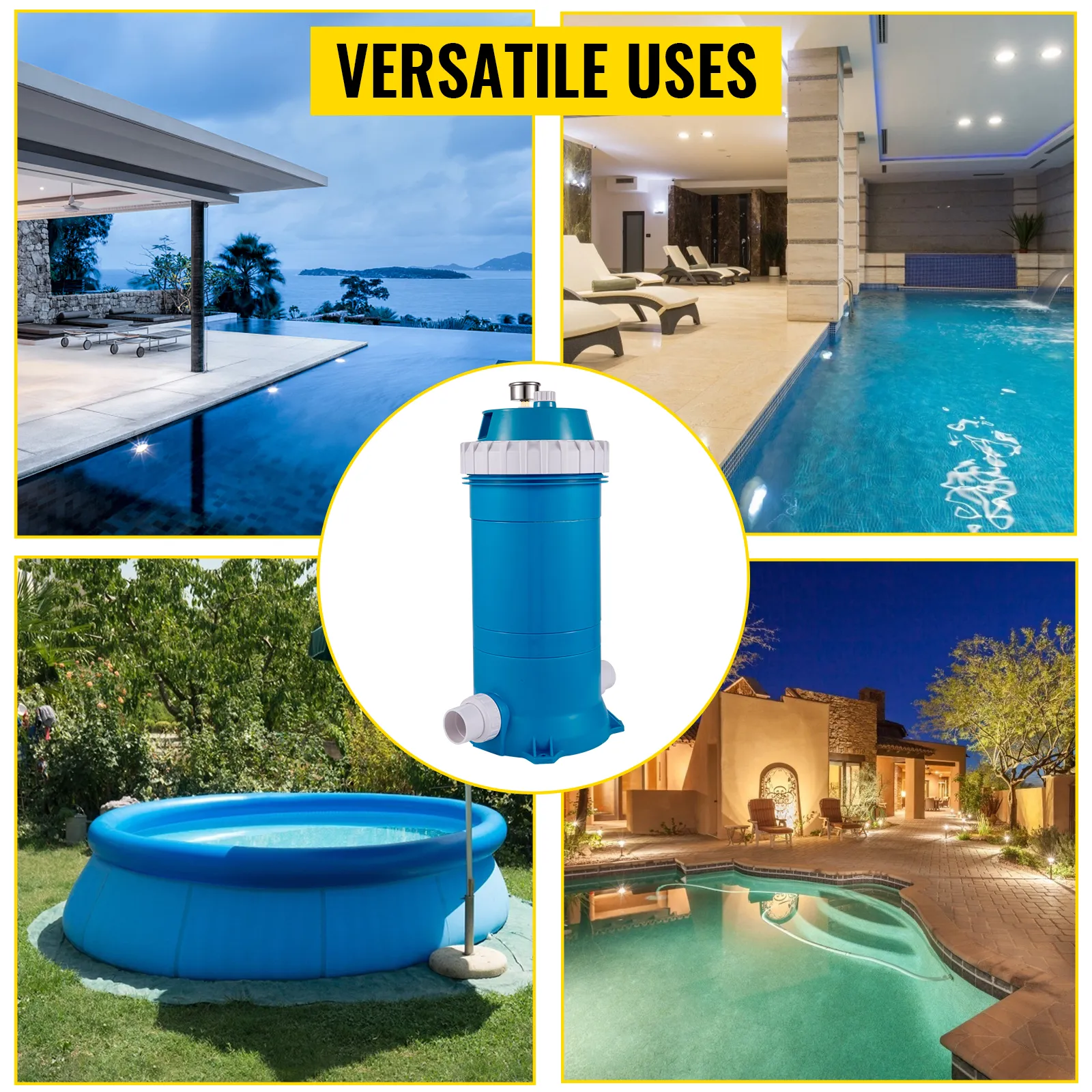 Filtro a cartuccia per piscina VEVOR adatto a diverse tipologie di piscine in vari contesti di lusso.