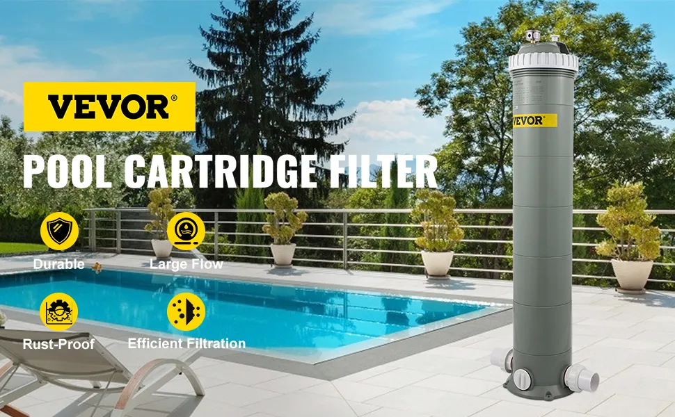Filtro de cartucho de piscina VEVOR cerca de una piscina azul claro, características destacadas: duradero, a prueba de óxido.