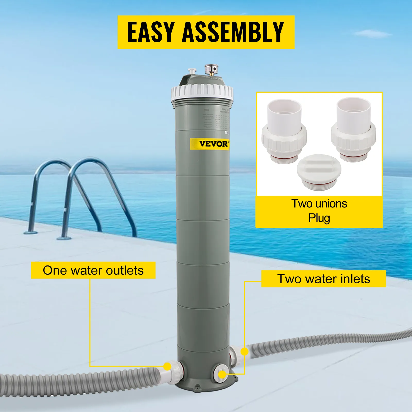 Filtro de cartucho para piscina VEVOR cerca de la piscina con entradas de agua, salidas y piezas de montaje.