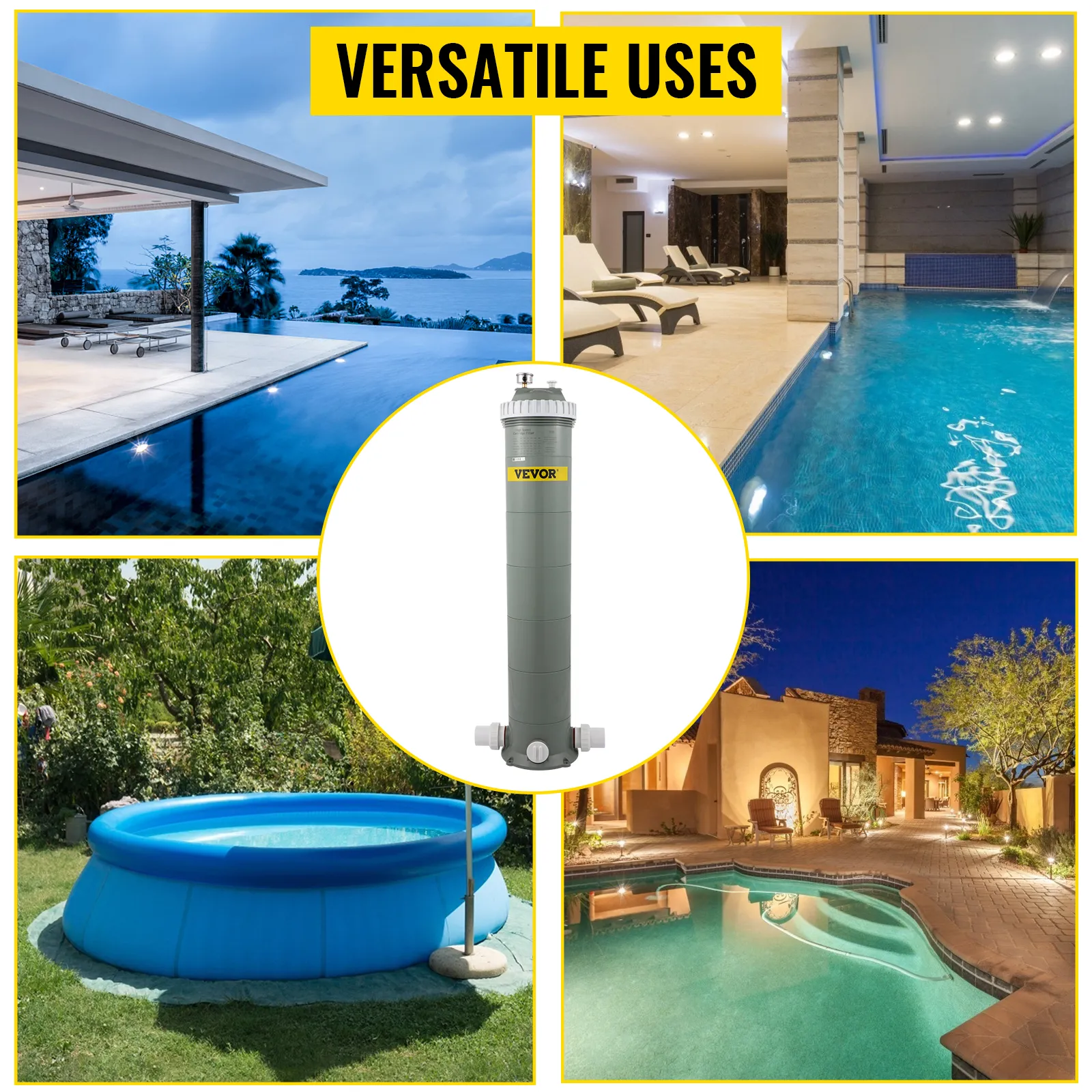 Filtro de cartucho para piscina VEVOR para uso versátil en diferentes configuraciones de piscina.