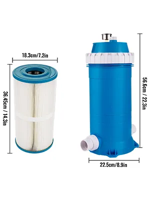 blue VEVOR pool cartridge filter system with measurements in inches and centimeters.