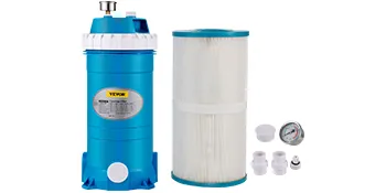 VEVOR pool cartridge filter with filter unit, gauge, and fittings.