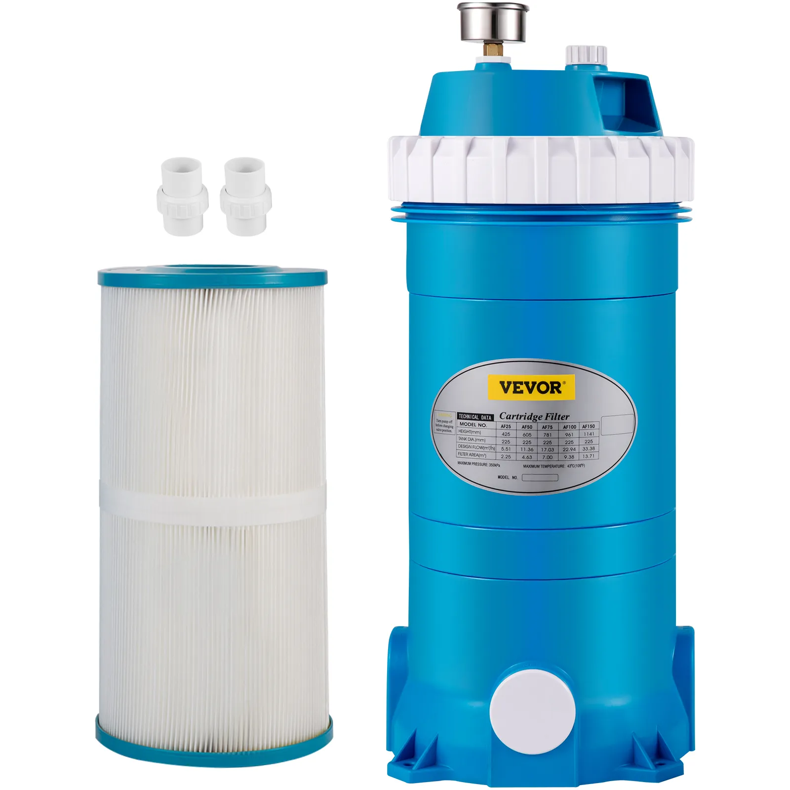 VEVOR pool cartridge filter system in blue with replaceable filter and connectors.