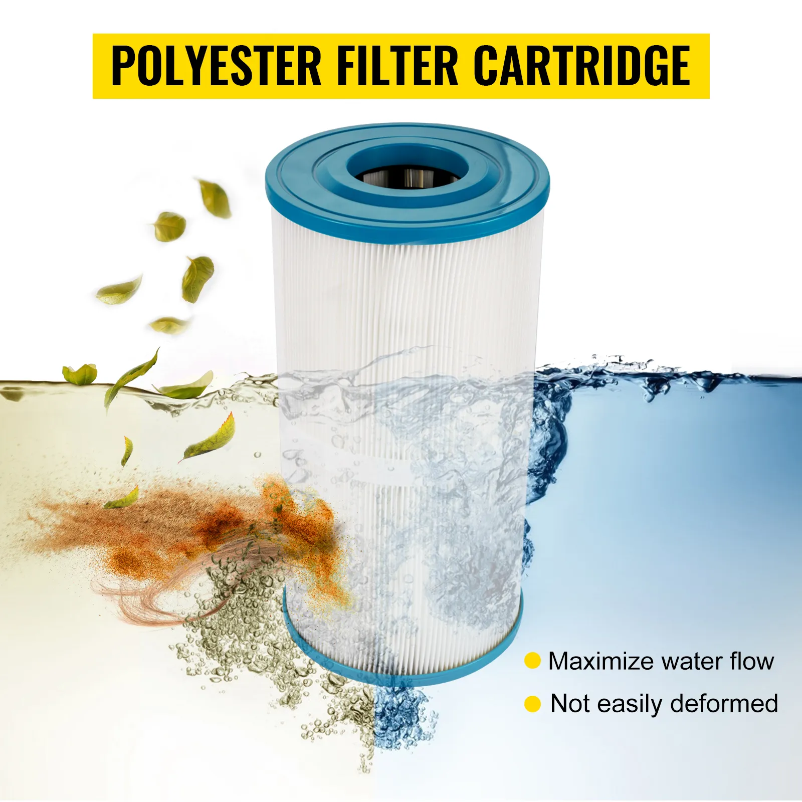 VEVOR pool cartridge filter removing debris and dirt from water, maximizing flow, durable.