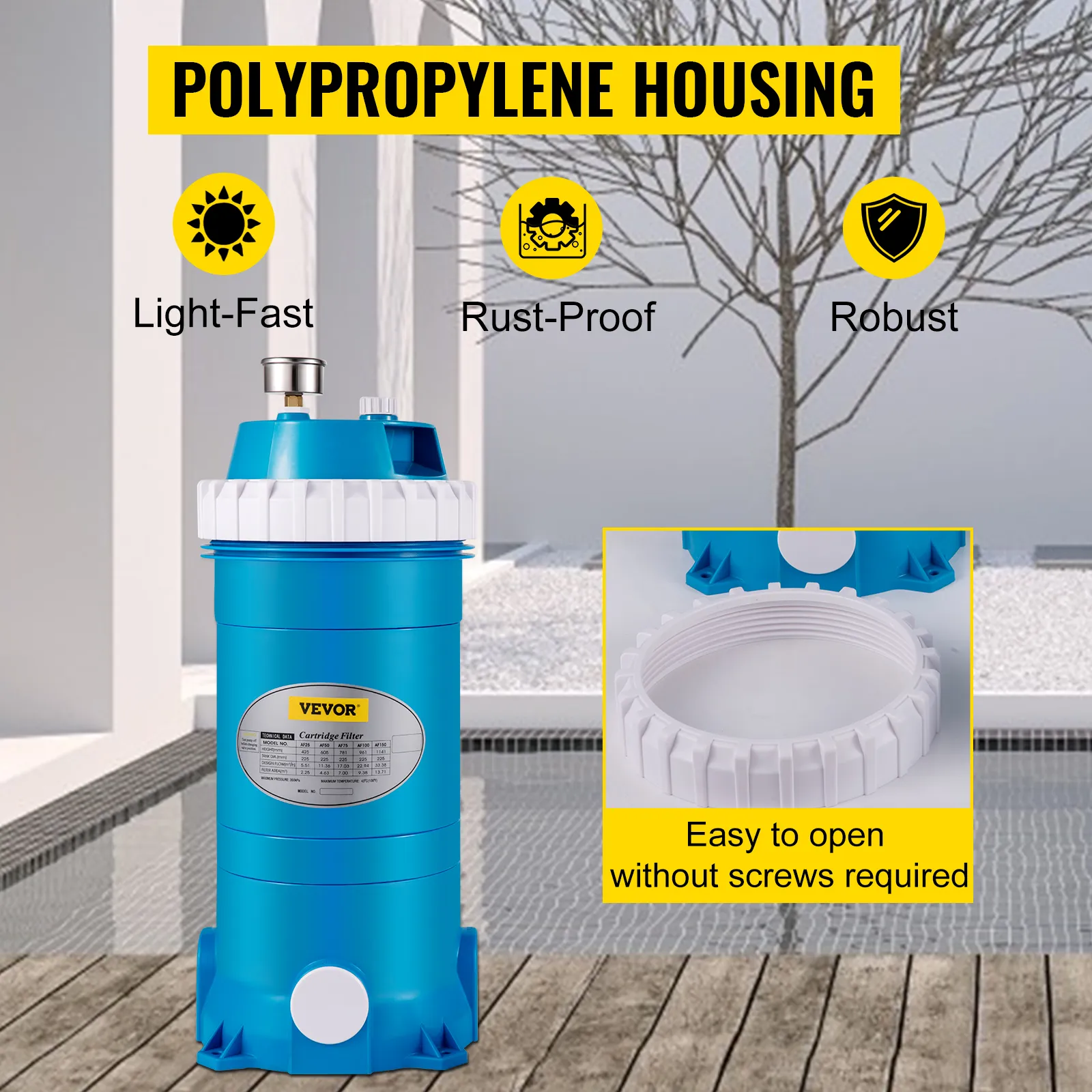 VEVOR pool cartridge filter with durable polypropylene housing, light-fast, rust-proof, robust.