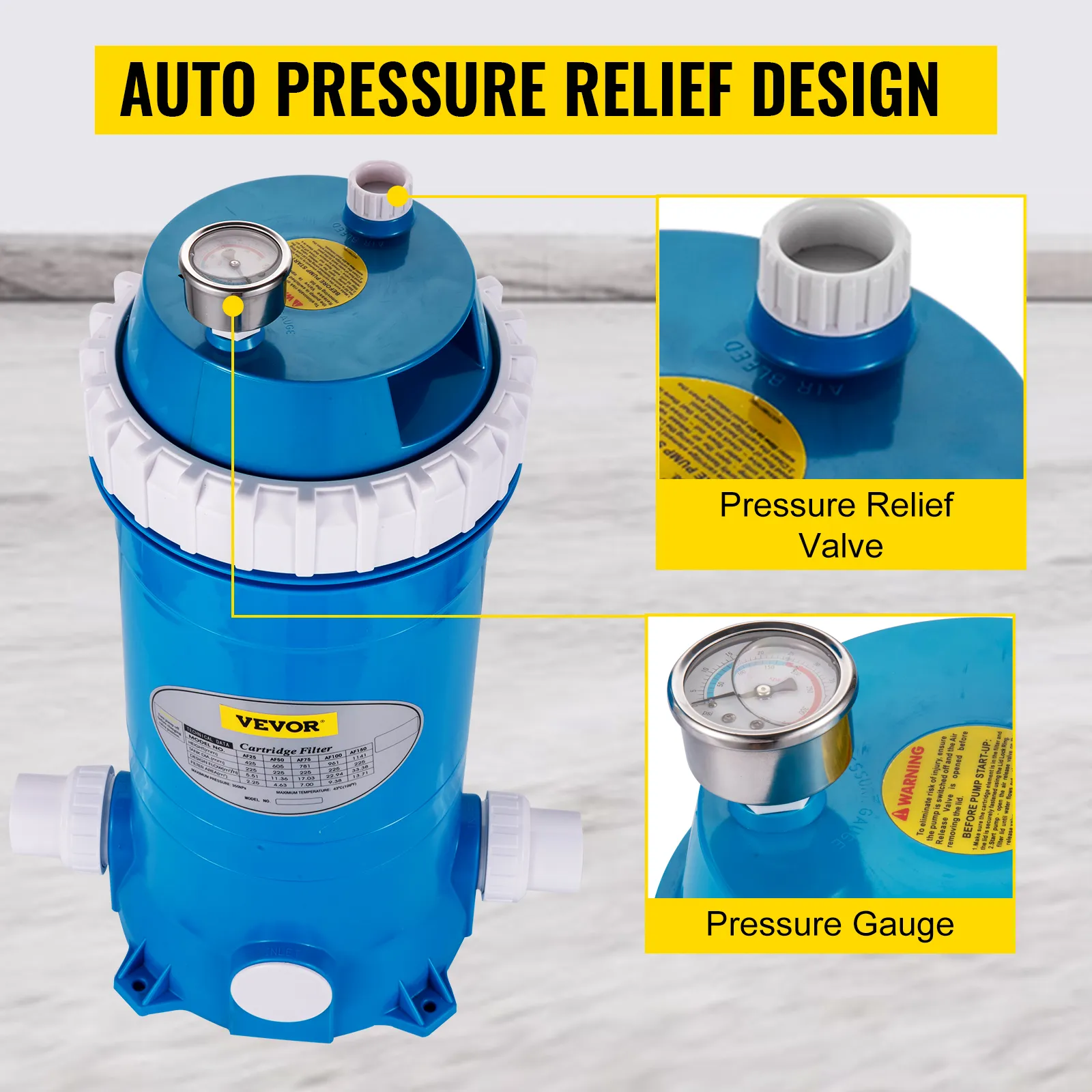 VEVOR pool cartridge filter with auto pressure relief design, valve, and gauge.
