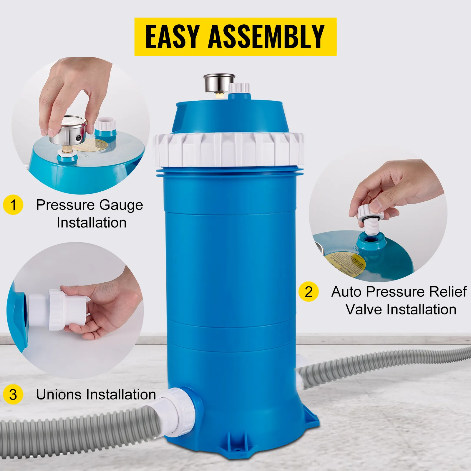 VEVOR pool cartridge filter installation: pressure gauge, relief valve, and unions. easy assembly.