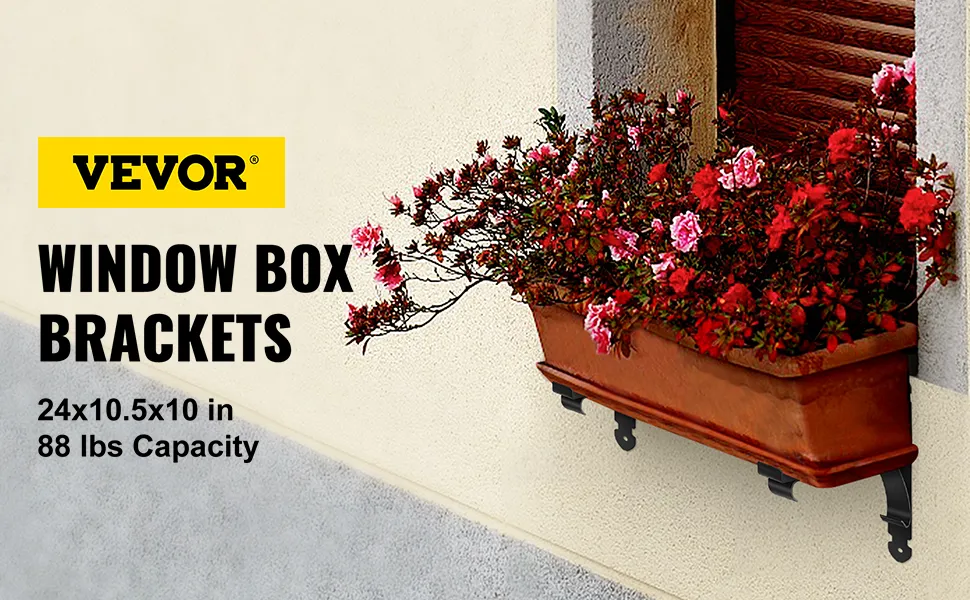 Soportes para jardineras VEVOR que sujetan una jardinera con flores rojas y rosas sobre una pared beige.