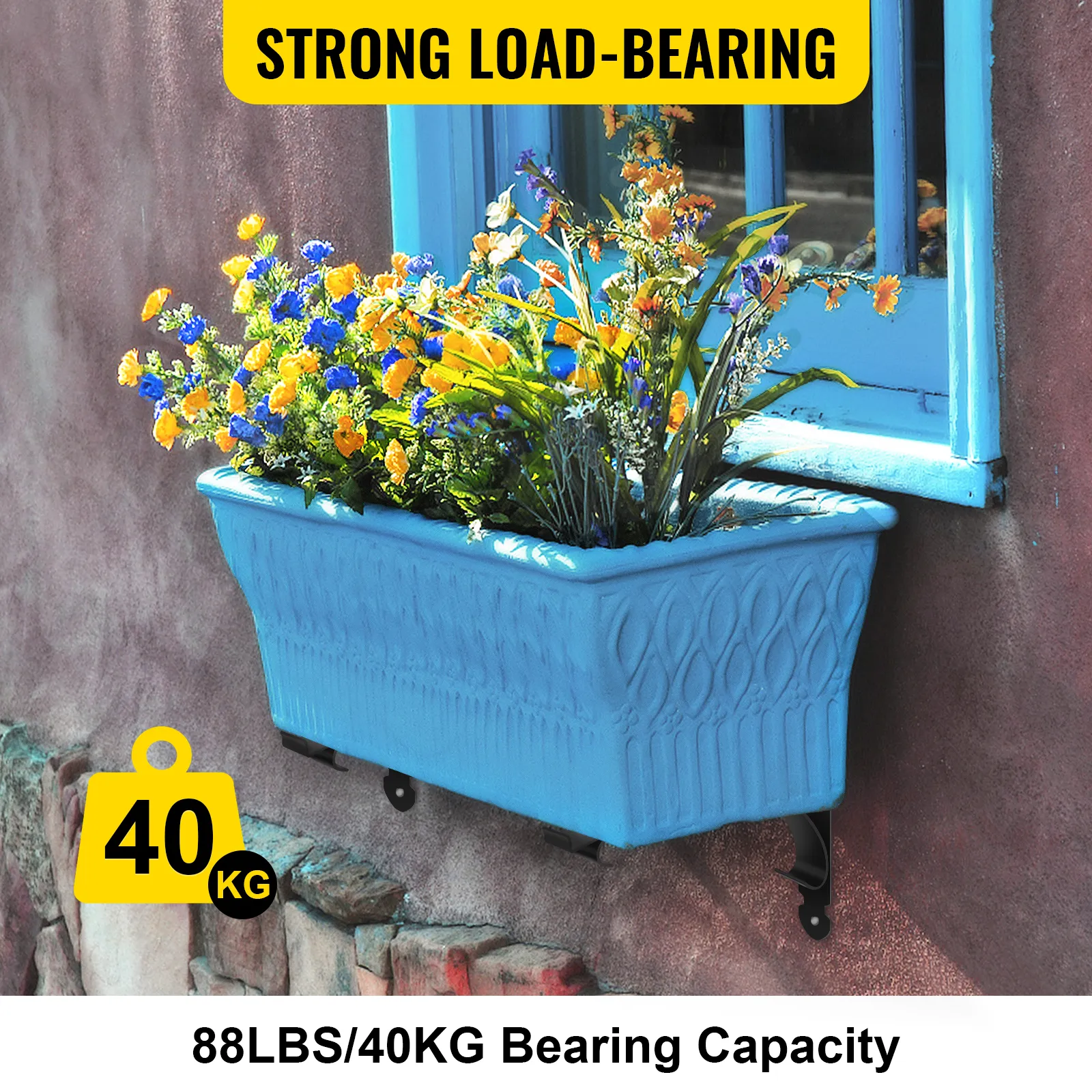 Soportes para jardineras de ventana VEVOR con jardinera azul y flores de colores, capacidad de 40 kg.