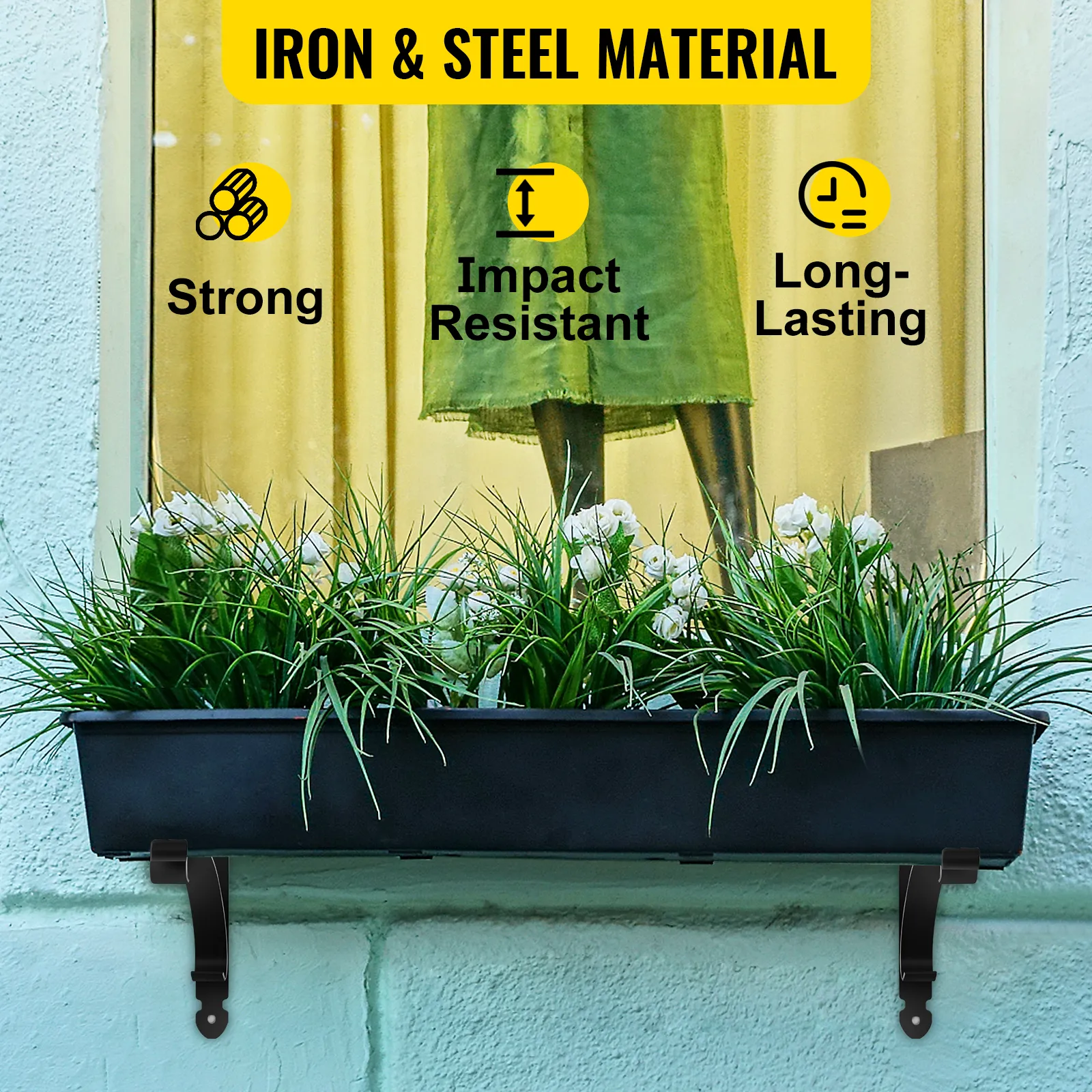 VEVOR window box brackets holding a planter with green plants and white flowers.