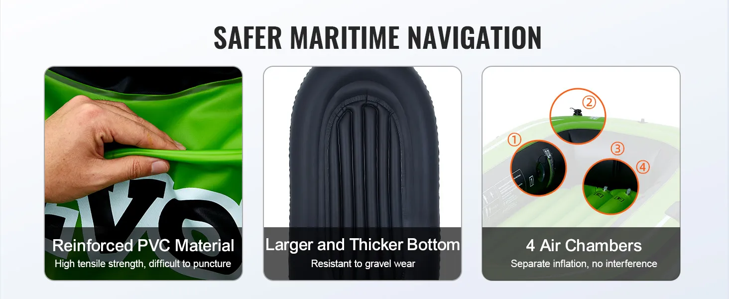 VEVOR inflatable fishing boat: reinforced pvc, thicker bottom, 4 air chambers for safer navigation.