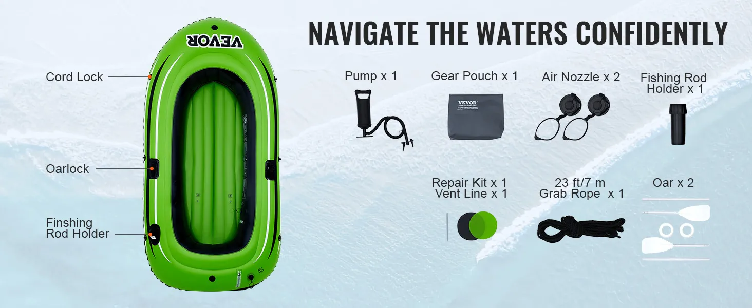 green VEVOR inflatable fishing boat with gear pouch, air nozzles, pump, oars, and grab rope.