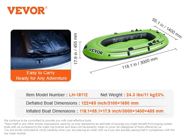 VEVOR inflatable boat in green, dimensions 118.1x55.1x17.9 inches, compactly folded for easy carrying.