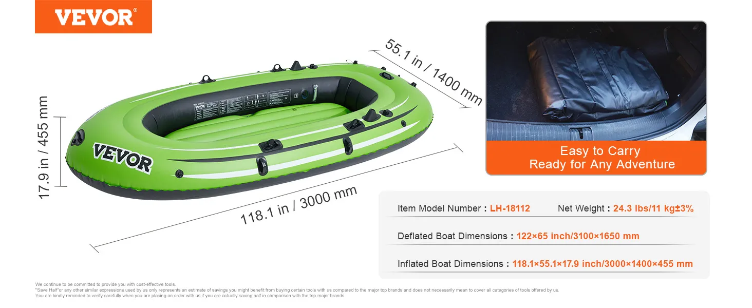 VEVOR inflatable boat in green, dimensions 118.1x55.1x17.9 inches, compactly folded for easy carrying.