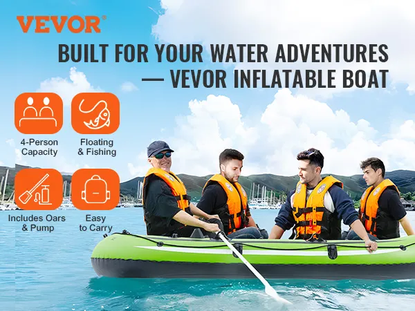 VEVOR inflatable boat on water with four people in life jackets, featuring 4-person capacity and fishing gear.