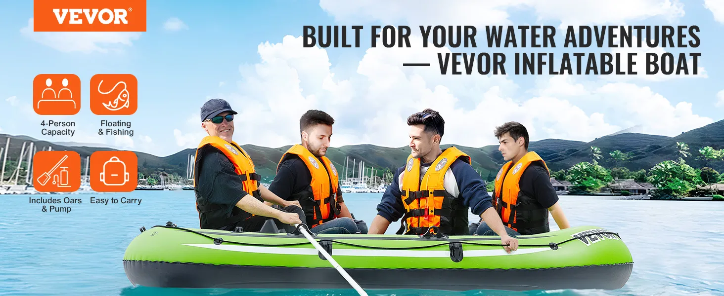 VEVOR inflatable boat on water with four people in life jackets, featuring 4-person capacity and fishing gear.