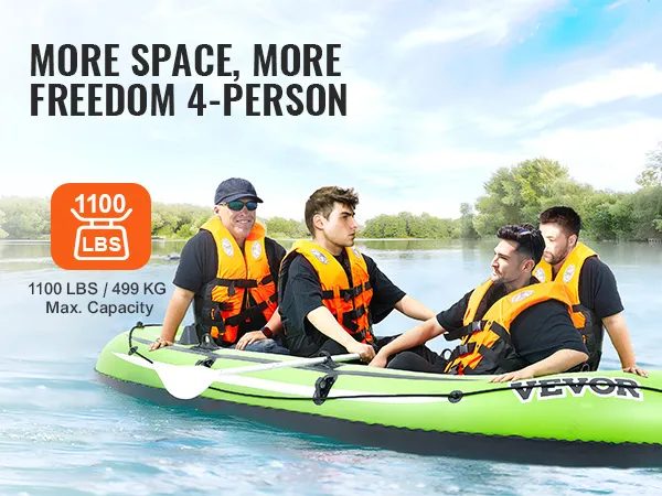 VEVOR inflatable boat on a serene lake, holding four people wearing orange life vests, 1100 lbs max capacity.
