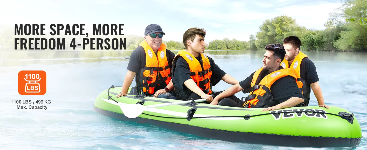 VEVOR inflatable boat on a serene lake, holding four people wearing orange life vests, 1100 lbs max capacity.